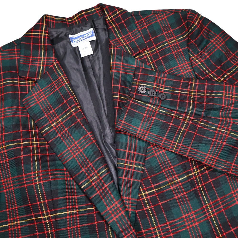 VTG PENDLETON Women's 12 Red Green Tartan Plaid 100% Virgin Wool Blazer USA